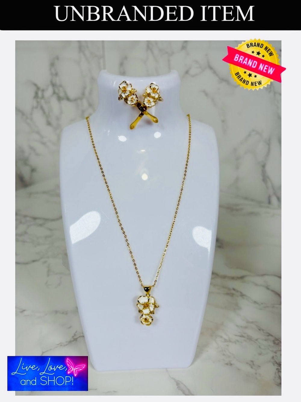 JEWELRY SET: White & 18K Gold Plated Floral Pendant Necklace & Earrings, NWOT